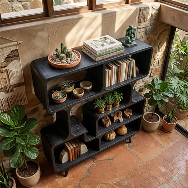 Sculptural Wood Bookshelf With Open Compartments