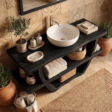 Solid Wood Bathroom Vanity with Double Open Shelf Storage