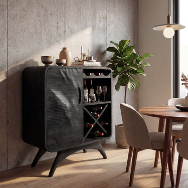 Sculptural Wood Wine Cabinet With Open Bottle Storage
