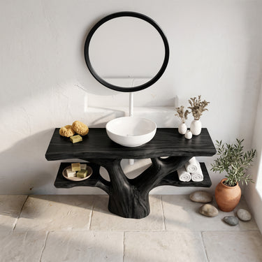 Branch-Inspired Solid Wood Bathroom Vanity with Side Shelves