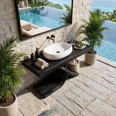 Sculptural Solid Wood Bathroom Vanity with Wave Pedestal Base