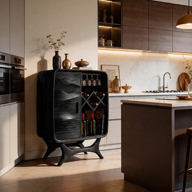 Carved Wood Wine Cabinet With Glassware Storage