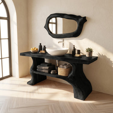 Live Edge Solid Wood Bathroom Vanity with Open Storage Shelf
