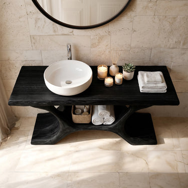 Sculptural Solid Wood Bathroom Vanity with Curved Support Base