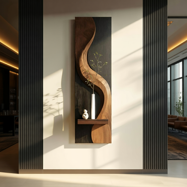 Sculptural Wood Wall Art Panel with Integrated Shelf