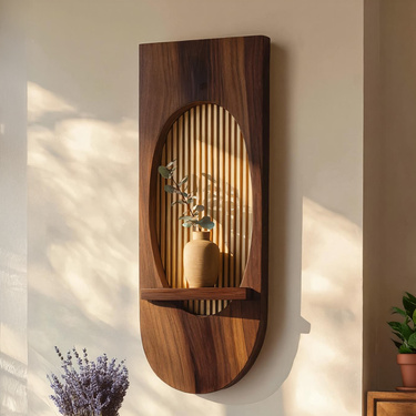 Oval Wood Wall Panel with Slatted Arch and Display Shelf