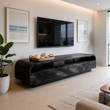 Modern Curved TV Cabinet With Open Shelf And Drawer Storage