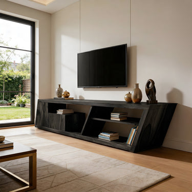 Natural Wood TV Console with Angled Frame and Open Storage Shelves