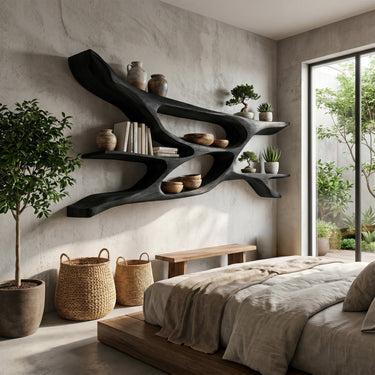 Sculptural Wood Bedroom Wall Shelf With Open Display