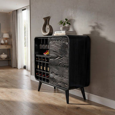 Carved Wood Wine Cabinet With Glassware Storage