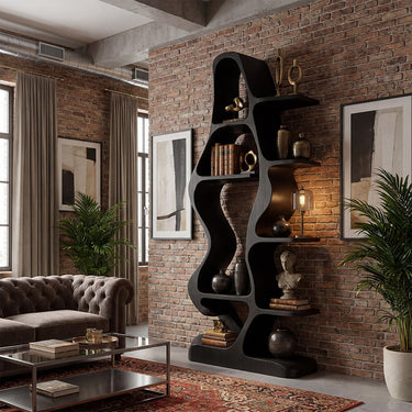 Sculptural Wood Bookshelf With Open Display Shelves