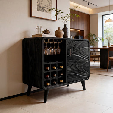 Carved Wood Wine Cabinet With Glassware Rack
