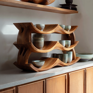 Sculptural Wood Dish Rack Shelf with Wave Form Tiers