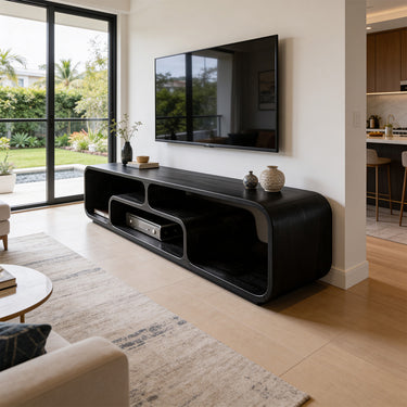 Sculptural Curved TV Console With Open Media Storage