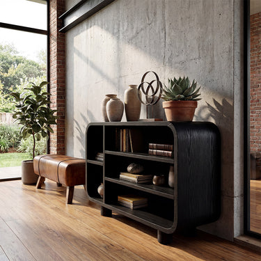 Rounded Open Shelf Cabinet With Sculptural Frame