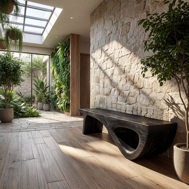 Organic Arch Wood Bench With Carved Open End for Modern Interiors