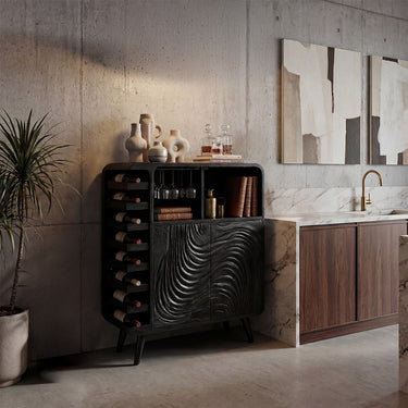 Carved Wood Wine Cabinet With Bottle Rack Storage