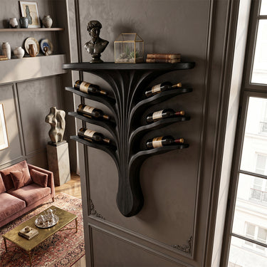 Natural Wood Wall Wine Rack With Fan Branch Shelves And Lighting