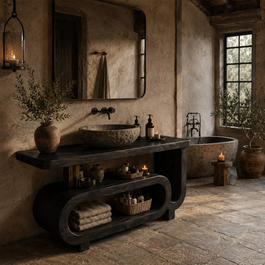 Solid Wood Bathroom Vanity with Rounded Open Storage Shelves