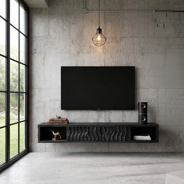 Floating Natural Wood TV Console with Wave Carved Front