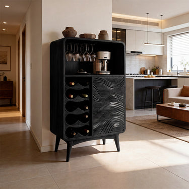 Carved Wood Wine Cabinet With Glassware Storage