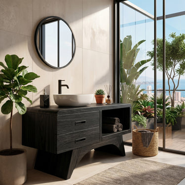 Solid Wood Bathroom Vanity with Drawers and Open Towel Shelf