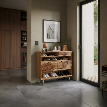 Black Wood Shoe Cabinet With Live Edge Panels for Entryway