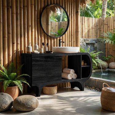 Rounded Solid Wood Bathroom Vanity with Drawers and Open Shelves