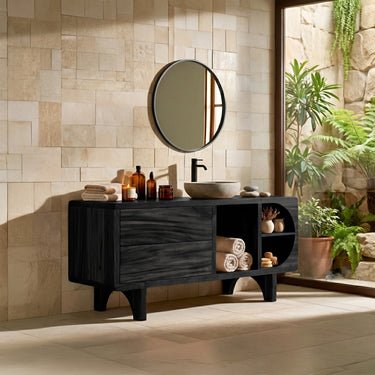 Solid Wood Bathroom Vanity with Drawers and Curved Open Shelves