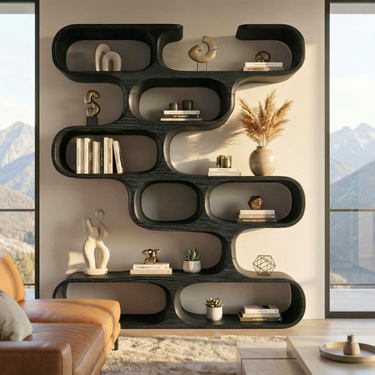 Organic Sculptural Solid Wood Bookshelf With Curved Open Shelving