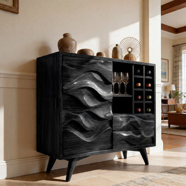 Carved Wood Wine Cabinet With Bottle Storage