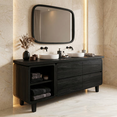Double Sink Solid Wood Bathroom Vanity with Drawers and Open Shelf