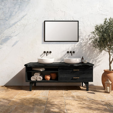 Double Sink Solid Wood Bathroom Vanity with Drawers and Open Shelves