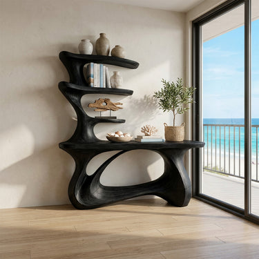 Sculptural Wood Console Table With Open Display Shelves