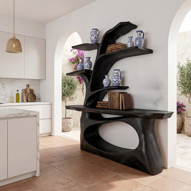 Sculptural Wood Console Table With Integrated Display Shelves