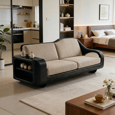 Integrated Shelf Arm Sofa With Sculptural Curved Frame