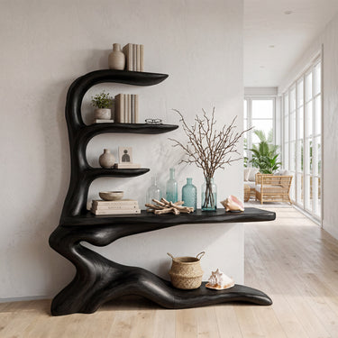 Sculptural Wood Console Table With Floating Display Shelves