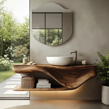 Organic Solid Wood Floating Vanity with Sculpted Shelf for Modern Bathroom