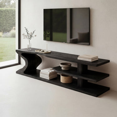 Natural Wood TV Console with Sculptural Curved Base and Open Shelves