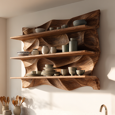 Sculptural Wood Wall Shelf with Organic Carved Back Panel