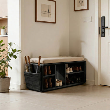 Cushioned Entryway Bench With Shoe And Umbrella Storage
