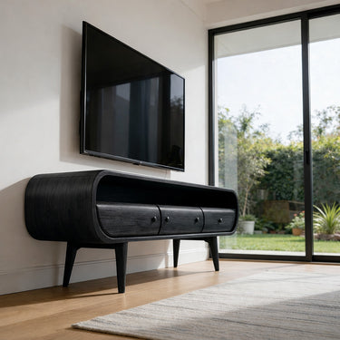 Natural Wood TV Console with Rounded Frame and Drawer Storage