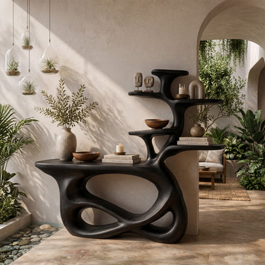 Sculptural Wood Console Table With Tiered Display Shelves