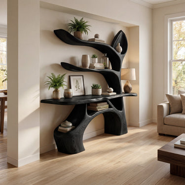 Sculptural Wood Console Table With Curved Display Shelves