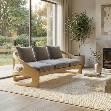Curved Wood Sofa With Plush Cushions for Modern Living
