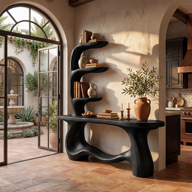 Sculptural Wood Console Table With Arched Display Shelves