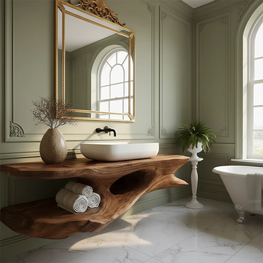 Sculpted Live Edge Wood Vanity with Floating Shelf for Modern Bathroom
