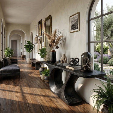 Organic Modern Console Table with Curved Wood Pedestal