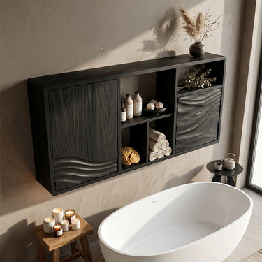 Natural Wood Bathroom Cabinet With Dual Wave Doors And Open Cubbies