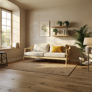 Mid Century Wood Sofa With Cushioned Seat for Modern Living